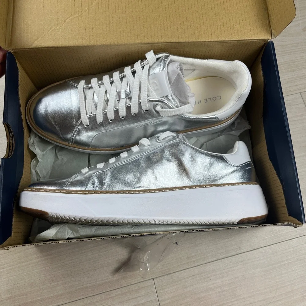 Cole Haan GrandPro Rally Court Metallic Silver Leather Platform Sneakers 7C
